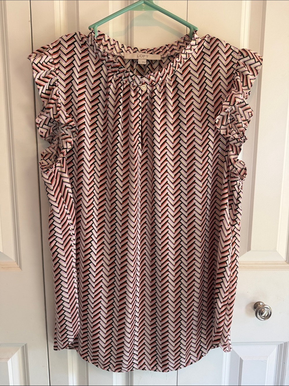LOFT Pink, Black & Cream Chevron Ruffle Neck Blouse